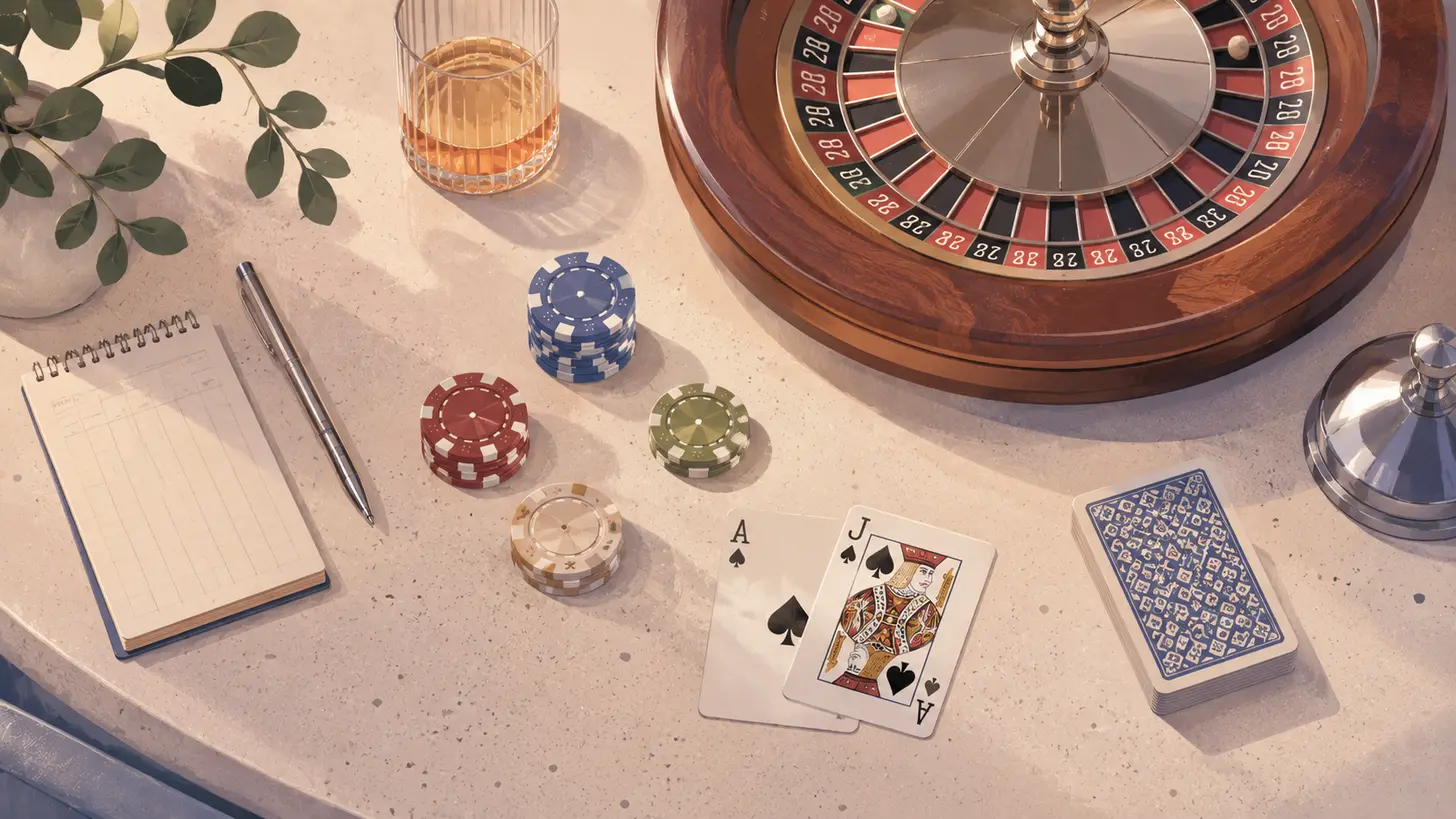 Mesa con ruleta, fichas y cartas del casino online de Formowin